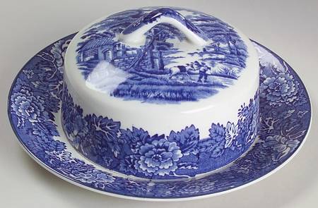 English Scenery Blue (Old Backstamp, Smooth) Round Covered Butter