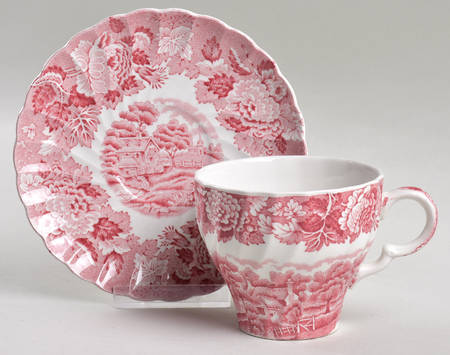 English Scenery Pink (Pink Backstamp, Swirled) Flat Cup & Saucer Set