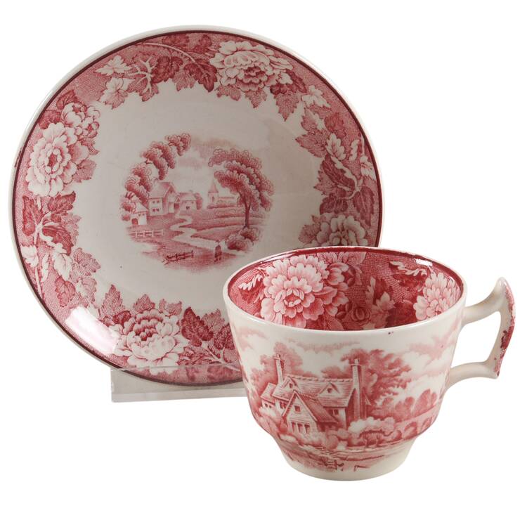 English Scenery Pink (Pink Backstamp, Swirled) Flat Demitasse Cup & Saucer Set