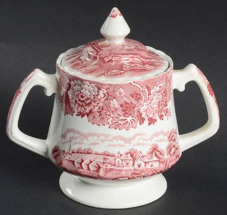English Scenery Pink (Pink Backstamp, Swirled) Sugar Bowl & Lid