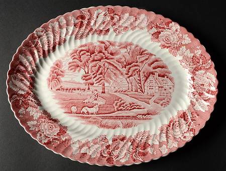 English Scenery Pink (Pink Backstamp, Swirled) 12" Oval Serving Platter