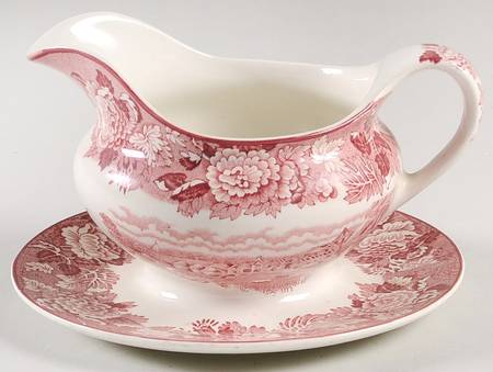 English Scenery Pink (Older, Smooth) Round Gravy Boat/Attached Underplate