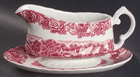 English Scenery Pink (Pink Backstamp, Swirled) Gravy Boat & Underplate