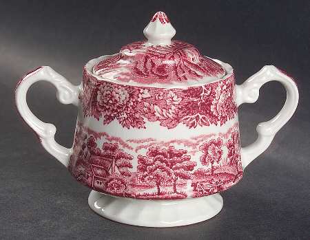 English Scenery Pink (Pink Backstamp, Swirled) Sugar Bowl & Lid