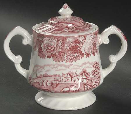 English Scenery Pink (Pink Backstamp, Swirled) Sugar Bowl & Lid