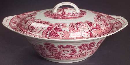English Scenery Pink (Pink Backstamp, Swirled) Round Covered Vegetable