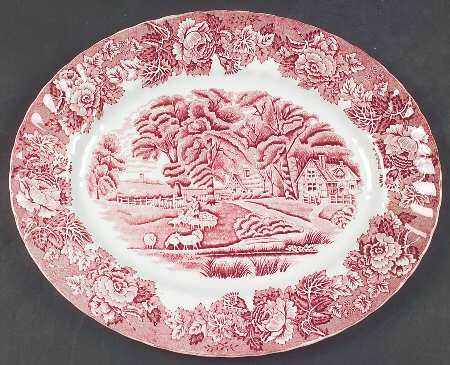 English Scenery Pink (Pink Backstamp, Swirled) 11" Oval Serving Platter