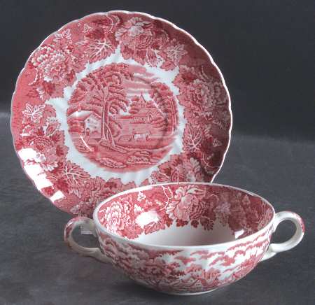English Scenery Pink (Pink Backstamp, Swirled) Flat Cream Soup Bowl & Saucer Set