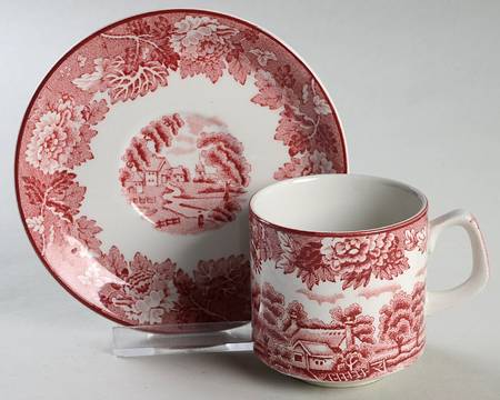 English Scenery Pink (Older, Smooth) Flat Demitasse Cup & Saucer Set