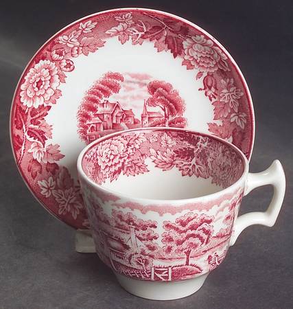 English Scenery Pink (Older, Smooth) Flat Demitasse Cup & Saucer Set