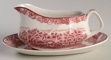 English Scenery Pink (Older, Smooth) Gravy Boat & Underplate