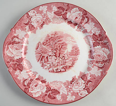 English Scenery Pink (Older, Smooth) Handled Chop Plate (Round Platter)