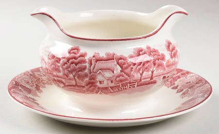English Scenery Pink (Older, Smooth) Round Gravy Boat/Attached Underplate