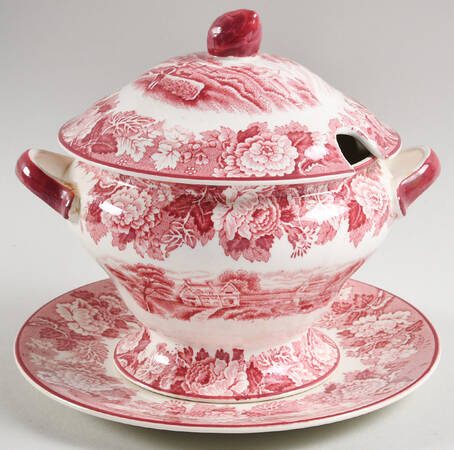English Scenery Pink (Older, Smooth) Sauce Boat & Lid with Underplate