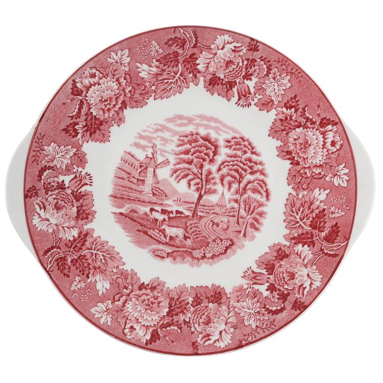 English Scenery Pink (Older, Smooth) Handled Cake Plate