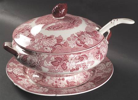 English Scenery Pink (Older, Smooth) Tureen & Lid W/Ladle & Underplate