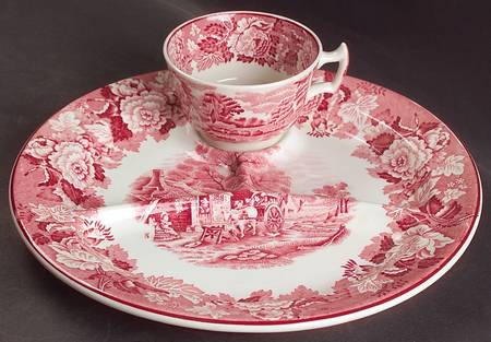 English Scenery Pink (Older, Smooth) Snack Plate & Cup Set