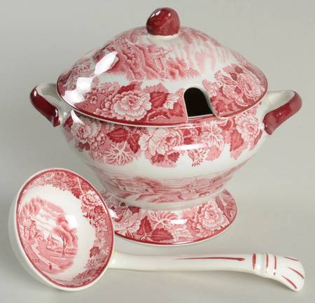 English Scenery Pink (Older, Smooth) Sauce Boat & Lid with Ladle