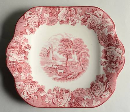 English Scenery Pink (Older, Smooth) Square Handled Cake Plate