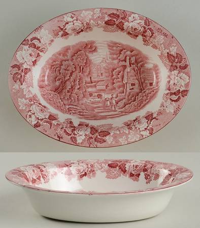 English Scenery Pink (Older, Smooth) 8" Oval Vegetable Bowl