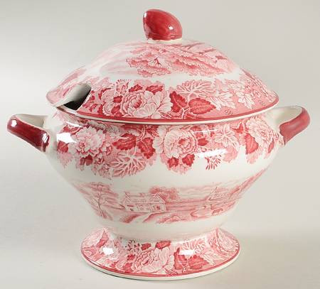 English Scenery Pink (Older, Smooth) Sauce Boat & Lid
