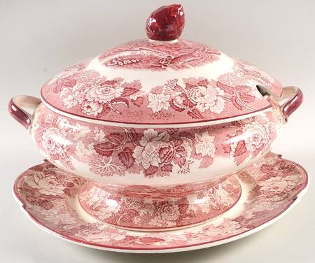 English Scenery Pink (Older, Smooth) Tureen & Lid W/Underplate