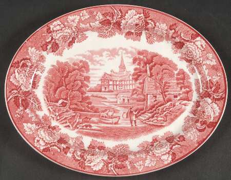 English Scenery Pink (Older, Smooth) 10" Oval Serving Platter