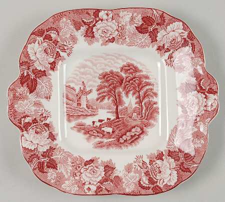 English Scenery Pink (Older, Smooth) Square Handled Cake Plate
