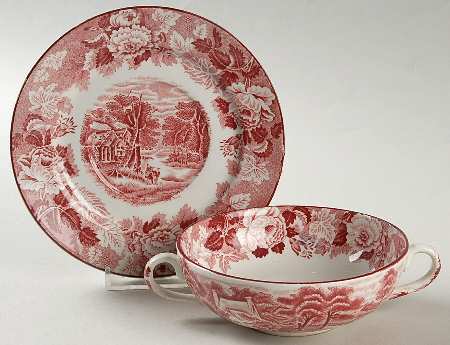 English Scenery Pink (Older, Smooth) Flat Cream Soup Bowl & Saucer Set