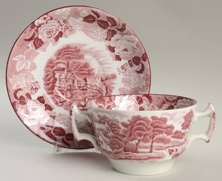 English Scenery Pink (Older, Smooth) Flat Bouillon Cup & Saucer