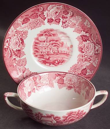 English Scenery Pink (Older, Smooth) Flat Cream Soup Bowl & Saucer Set