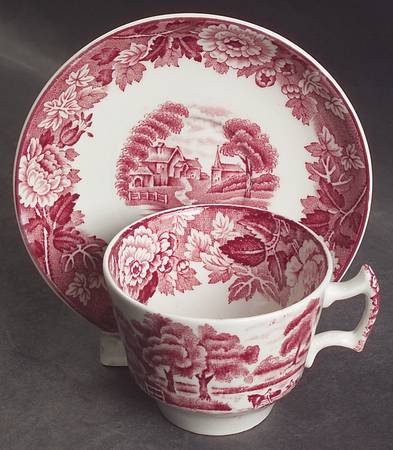 English Scenery Pink (Older, Smooth) Flat Demitasse Cup & Saucer Set