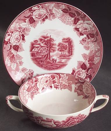 English Scenery Pink (Older, Smooth) Flat Cream Soup Bowl & Saucer Set