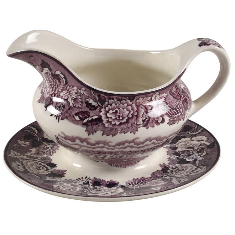 English Scenery Purple Round Gravy Boat/Attached Underplate