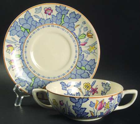 Forest Flowers Blue Multicolor Flat Cream Soup Bowl & Saucer Set