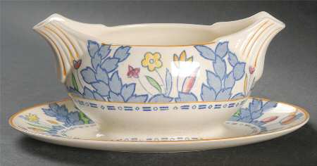 Forest Flowers Blue Multicolor Gravy Boat with Attached Underplate