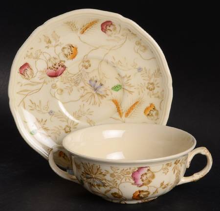 Poppyland Tan Multicolor Flat Cream Soup Bowl & Saucer Set