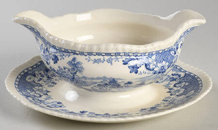 Seaforth Blue (Rope Edge, Scallop) Gravy Boat with Attached Underplate