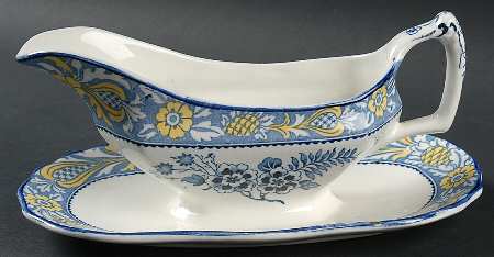 Wincanton Blue and Yellow (Rim Shape) Gravy Boat with Attached Underplate