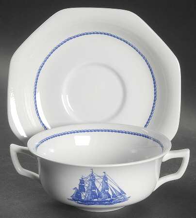 American Clipper Blue Flat Cream Soup Bowl & Saucer Set