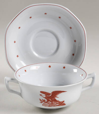American Eagle Red Flat Cream Soup Bowl & Saucer Set