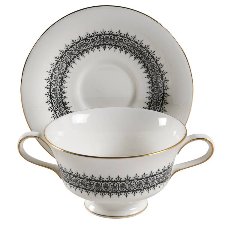 Astor Black On White (Newer) Footed Cream Soup Bowl & Saucer Set