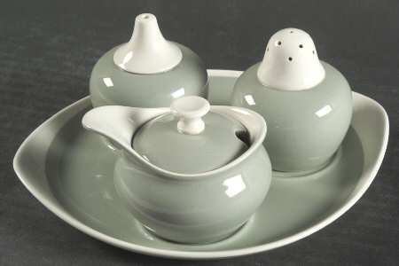 Barlaston Green Salt & Pepper, Mustard with Lid & Tray