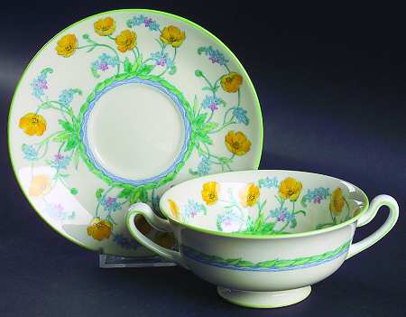 Brookside Flowers Footed Cream Soup Bowl & Saucer Set