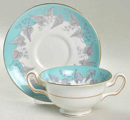 Buxton Turquoise (Gold Trim) Footed Cream Soup Bowl & Saucer Set