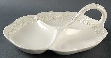 Cream Color on Cream Color (Plain Edge) 3-Part Relish with Center Ceramic Handle