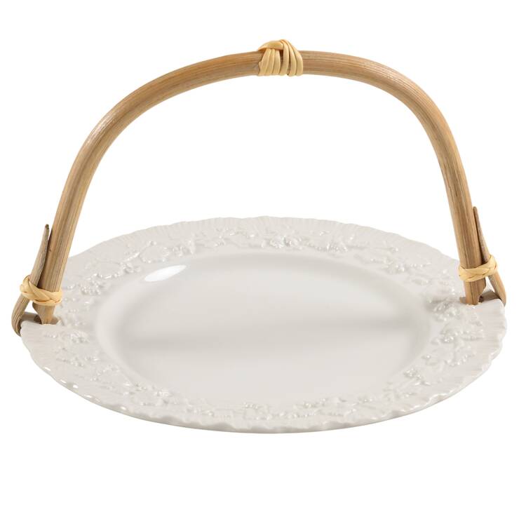 Cream Color on Cream Color (Shell Edge) 5 3/8"-5 5/8" Bamboo Handled Serving Plate  HC