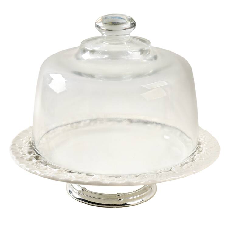 Cream Color on Cream Color (Shell Edge) 6 1/2"-7 1/2" Footed Cheese Plate w/ Glass Dome HC