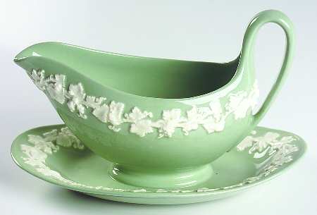 Cream Color on Celadon (Plain) Gravy Boat with Attached Underplate