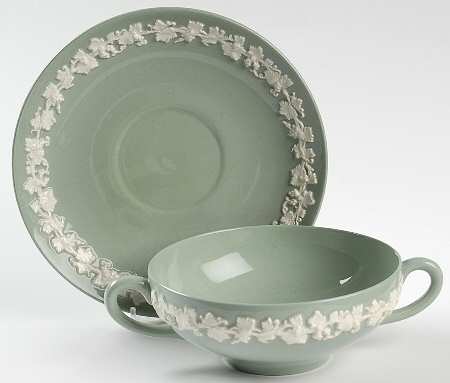 Cream Color on Celadon (Plain) Flat Cream Soup Bowl & Saucer Set